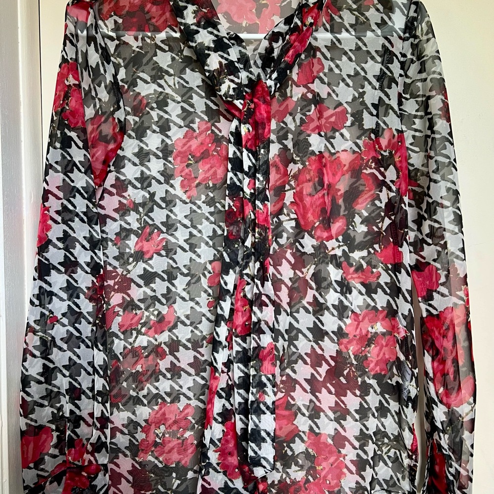 Zara Sheer Floral Houndstooth Blouse - Red and Black
